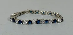 Silver Blue Sapphire Diamond Round Gemstone Tennis Bracelet Jewelry 💙 thumbnail 1