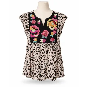 Savanna Jane Size L Blouse Leopard Print Embroidered Floral Top Boho Women's thumbnail 3