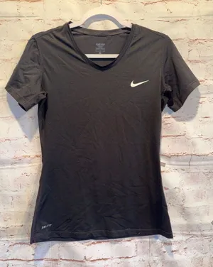 Nike Black Short Sleeve Dri-FIT V-Neck Top White Swoosh Womens Large thumbnail 1
