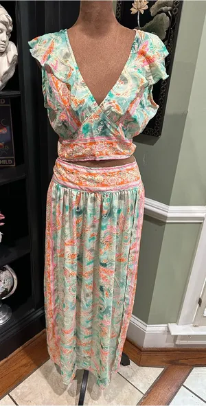 India Boutique Green & Orange Floral Two‑Piece Set thumbnail 1
