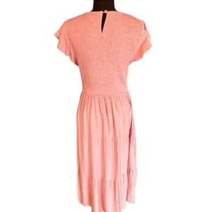 ZESICA Smocked Flutter Sleeve Cottagecore Romantic Midi Dress – Pink – Size L thumbnail 3