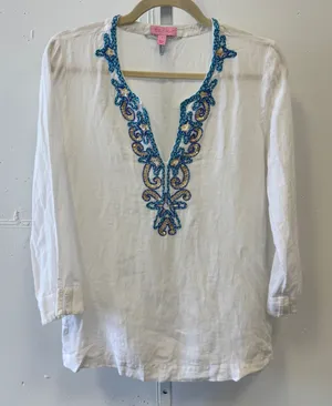Lilly Pulitzer Amelia Island Tunic White Embroidered Beaded Sequin Small Boho‎ thumbnail 1