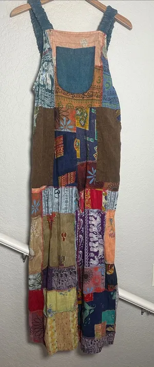 NEW Patchwork Jumpsuit Overalls Granola Girl Hippie Pockets Stretchy Straps Fall thumbnail 1