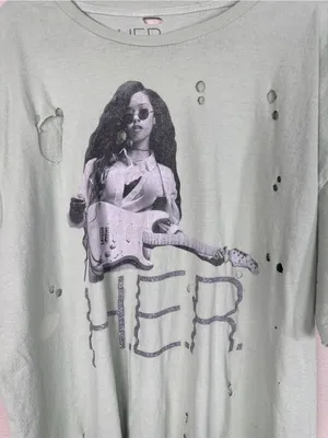 H.E.R. Green Distressed Tee Shirt Womens 2X Casual Band T Oversized Short Sleeve thumbnail 7