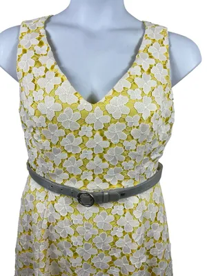ModCloth 1960s Inspired Floral Lace Fit & Flare Dress Yellow White Belted L thumbnail 2
