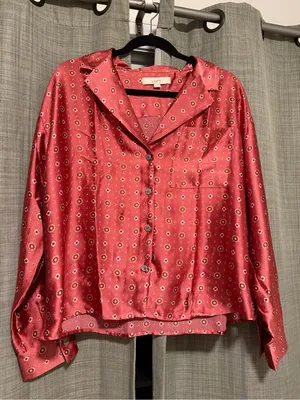 LOFT Rose Pink Satin Button-Front Shirt with Micro Dot Print thumbnail 1