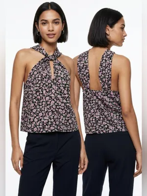ZARA Floral Print Twist Halter Top Black Pink Cutout Back size small thumbnail 2
