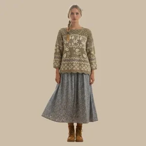 Vintage 90s Tan Floral Embroider Knit Gold poms Cottagecore Grandmacore Sweater thumbnail 6