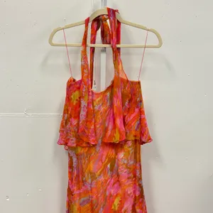 Foley + Corinna Silk Halter‎ Maxi Dress Orange Watercolor Print XS Boho Abstract thumbnail 3