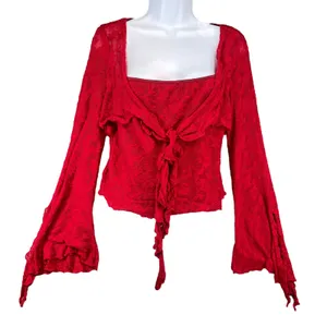 Red Lace Tie‎ Front Top Bell Sleeves Square Neck Women's Size Large thumbnail 1