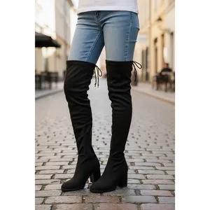 Forever Black Suede Over The Knee Boots Block Heel Lace Up Back Women's Size 8.5 thumbnail 2