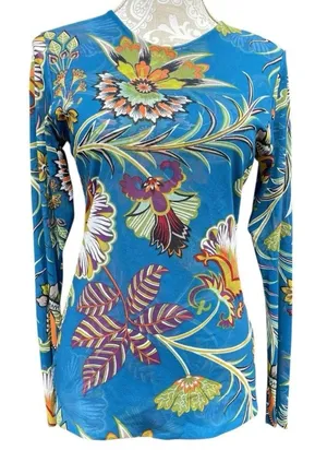 Petit Pois Viviana G Mesh Top Size L Sheer Exotic Flowers Peacock Artsy Boho thumbnail 1