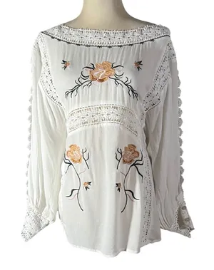POL Embroidered Floral Lace Blouse Women‎ S White WFT45 Boho Crochet Pintuck Top thumbnail 1