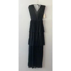 Melloday Black Metallic Plisse Tiered Maxi Dress Sleeveless V-Neck XS‎ New thumbnail 3