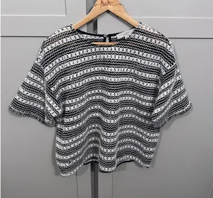 LOFT Womens Large Black White Striped Textured Knit Fringe Short Sleeve‎ Blouse thumbnail 1