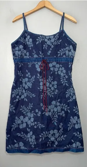 Y2K Size S M Reversible Floral Blue Jean Denim Mini Babydoll Jumper Dress thumbnail 1