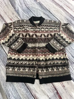 Vintage R.E.I. 100% Wool Fair Isle Knit Cardigan in Black, Brown & Cream thumbnail 3