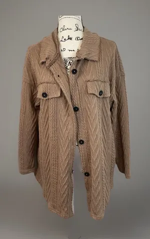 Oversized Knit Shacket Button Down Collared‎ Top Pockets Tan Medium Brown thumbnail 1