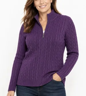 LL Bean Purple Mock Neck Full Zip Cable Cotton Cardigan Sweater Size SMALL thumbnail 1