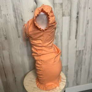 Haute Monde Pastel Orange Ruched Off the Shoulder Lace Up Milkmaid Mini Dress S thumbnail 4