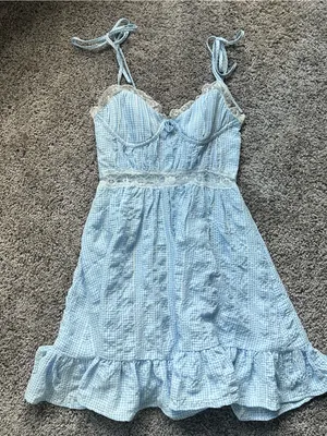 Light Blue Gingham Mini Dress with Lace Trim thumbnail 1