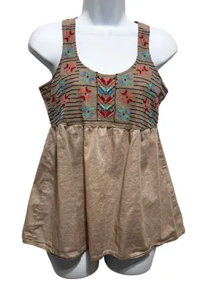 Y2K Mudd Women Boho Festival Embroidered Babydoll‎ Top S Tan Peasant Cottagecore thumbnail 1