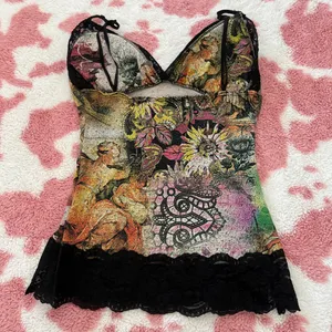Y2K Fairy Grunge Tattoo Print Lace Cami ✮ Slit Hem Boho Corset Top Small thumbnail 7