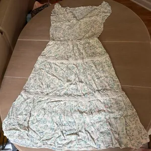 Lucky Brand Floral Maxi Dress M Blue Green Crochet Trim Boho Ruffle Sleeve thumbnail 1