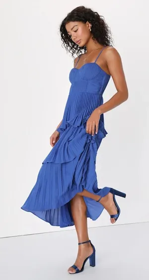 NWT Lulus Cascading Crush Cobalt Blue Tiered Bustier Midi Dress Gala Banquet S thumbnail 1