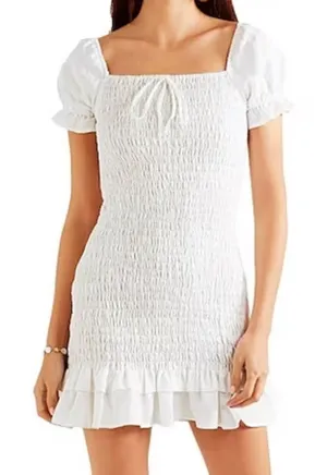 Faithfull The Brand Cette Mini Dress White Linen Puff Sleeve Smocked Size M/US 6 thumbnail 1