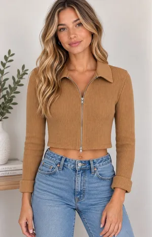 Altar'd State Women's Small Long Sleeve Ribbed Zip Up Top Cropped thumbnail 1