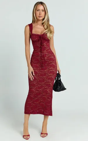 Showpo Collette Wine Red Lace Midi Dress thumbnail 5