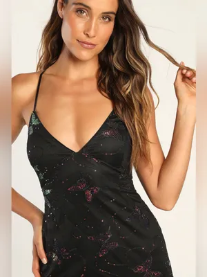 Lulus Social Sweetheart Sequin Butterfly Lace-Up Mini Dress – Black/Pink – L thumbnail 3