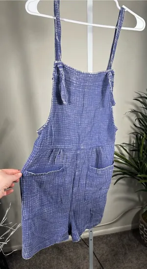 Zenana X42. Blue Textured Cotton Overalls Jumpsuit thumbnail 1