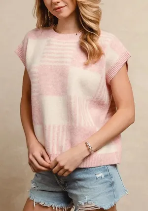 Bibi checkered sweater vest short sleeve striped blush ivory crewneck top thumbnail 1