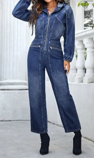 We The Free Women's Blue Denim Hooded Utility Long Sleeve Jumpsuit Size S thumbnail 1