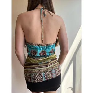 Printed Vintage Graphic Blue and Green Halter Top‎ thumbnail 2