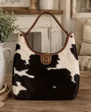 Loyal West- Conceal Carry Cowhide Hobo Bag with Braided Handle - Black & White thumbnail 1