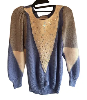 Vintage Nannette Blue Cream pearl Beaded Bib Knit iceskater fairy Sweater Small thumbnail 1