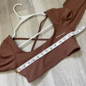Peachy Bunz Strappy Backless Cropped Long Sleeve Workout Top Brown (Large) gym thumbnail 6