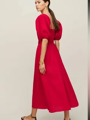 Reformation 4 NEW Tien Linen Dress Cherry Red Fitted Waist Puffy Holiday Belted thumbnail 7