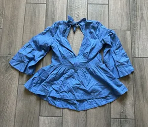 Blue V-Neck Tie-Back Peplum Top thumbnail 1