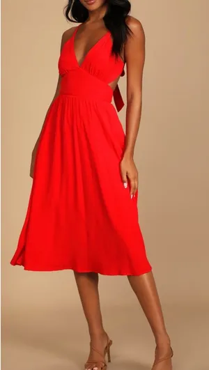 Lulus Red V-Neck Midi Dress thumbnail 1