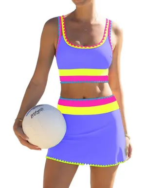 NWT Popvil 3 Piece High Waisted Bikini Set Neon Purple Pink Yellow Skirt Medium thumbnail 1