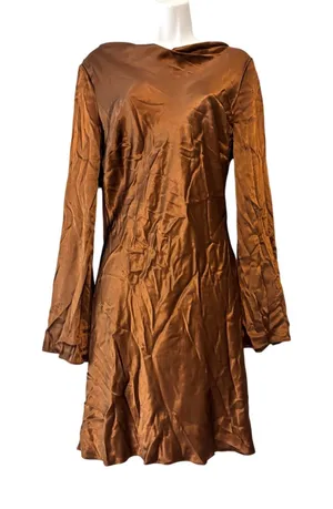 Anthropologie Long Sleeve Silky Satin Cowl Neck Bell Sleeve Mini Dress Brown M thumbnail 1
