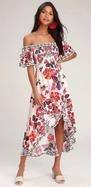 Lulus | Danica Ivory Floral Print Smocked High-Low Maxi Dress, XS thumbnail 1
