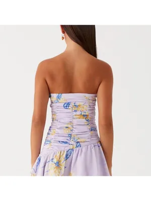 Peppermayo Viviana Mini Dress Lavender Floral Ruched Strapless Ruffle US 6 thumbnail 2