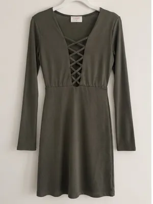 NYMPHE Olive Green Lace-Up V-Neck Mini Dress thumbnail 2