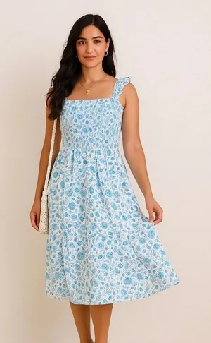 Draper James Women Midi Dress XXL Blue Floral Smocked Cottage Flutter‎ Sleeve thumbnail 1