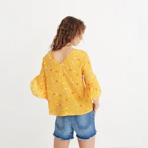 Madewell Silk Painted Carnations Floral‎ Ruffle Sleeve Blouse Gold Yellow thumbnail 2